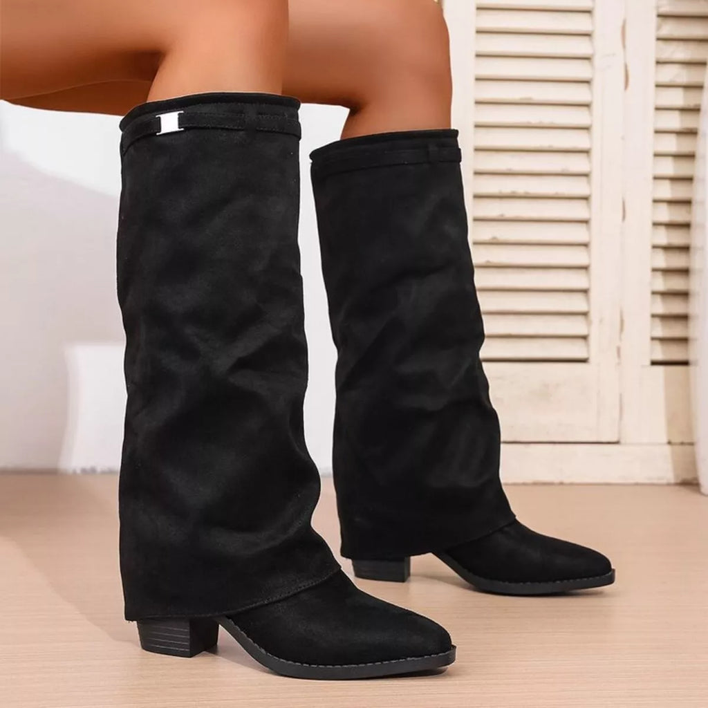 Women's Fold Over Knee High Boots – Block Heel Suede Look Boots