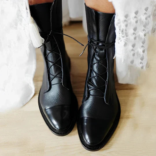 Women's Mid Calf Boots in black – Lace Up Cap Toe Boots