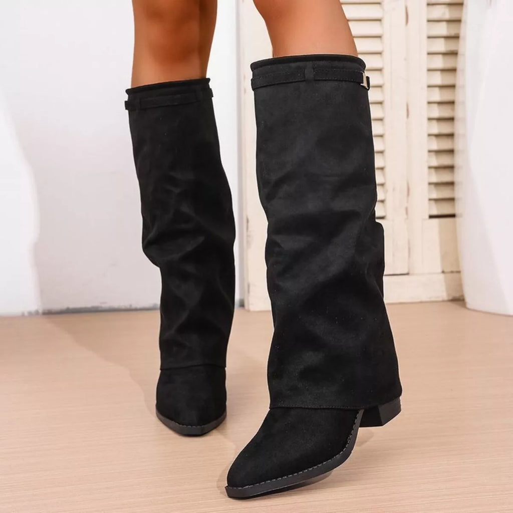 Women's Fold Over Knee High Boots – Block Heel Suede Look Boots
