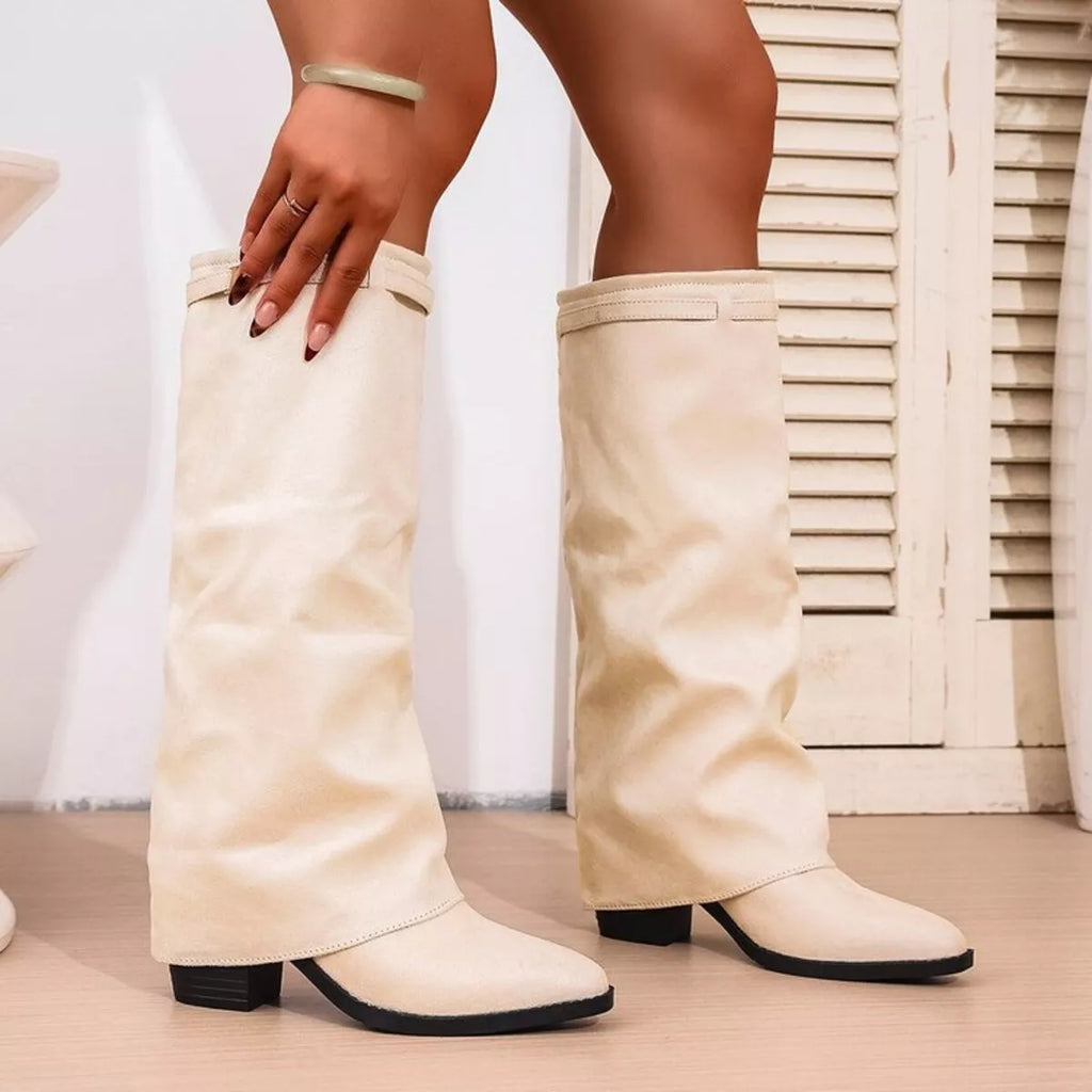 Women's Fold Over Knee High Boots – Block Heel Suede Look Boots