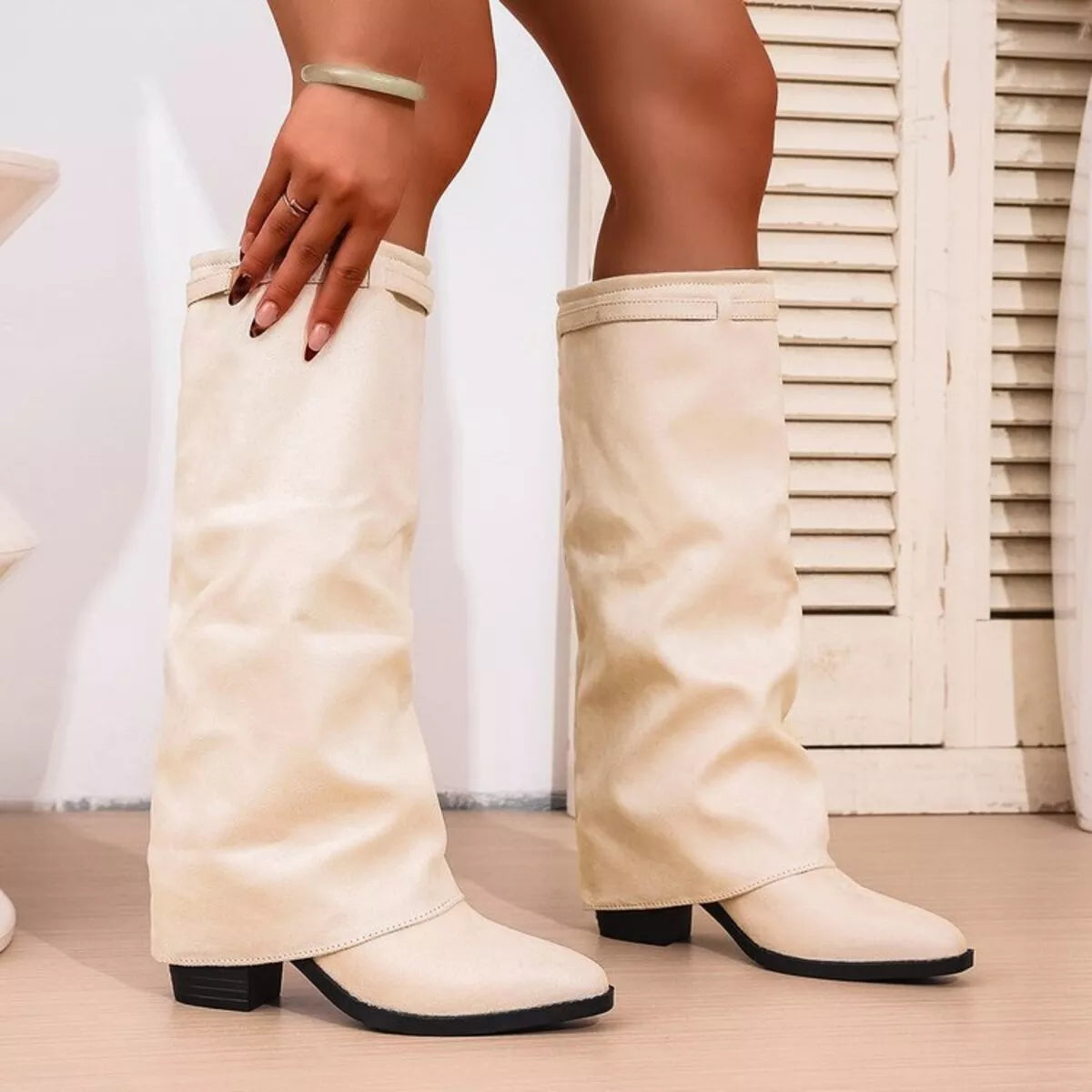 Women's Fold Over Knee High Boots – Block Heel Suede Look Boots