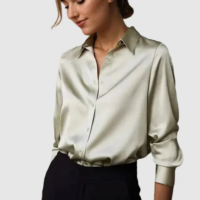 Women's Satin Blouse in sage green – Long Sleeve Button Up Shirt