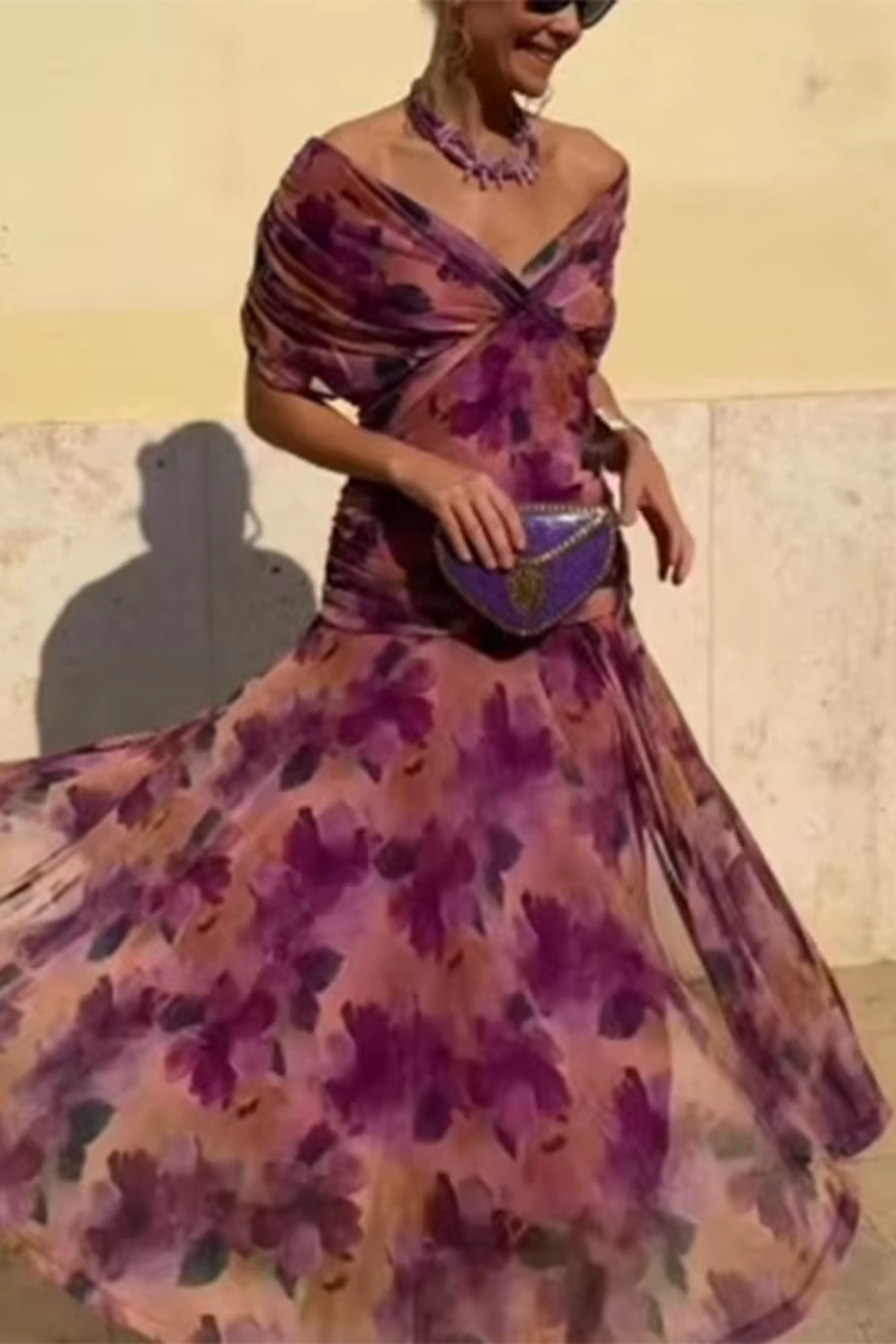 Women's V-Neck Chiffon Maxi Dress with Defined Waist