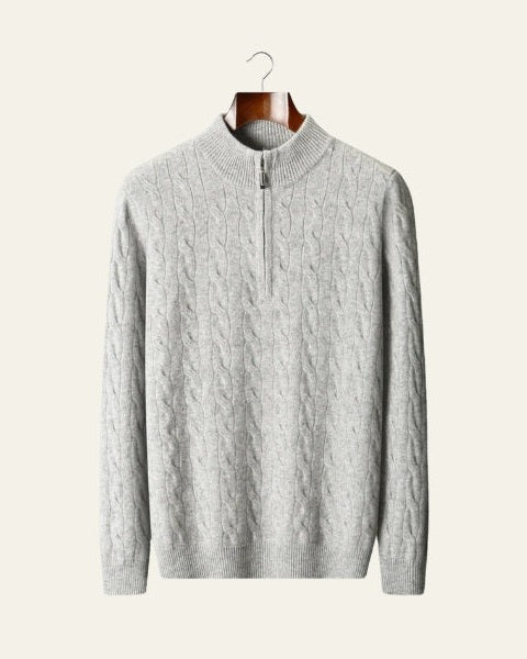 Men's Cable Knit Zip Jumper – Merino Blend Ribbed Collar