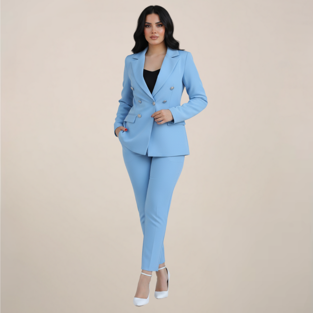 Women's Trouser Suit in light blue – Double Breasted Blazer and Slim Leg Trousers