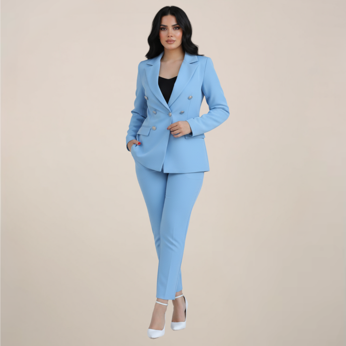 Women's Trouser Suit in light blue – Double Breasted Blazer and Slim Leg Trousers