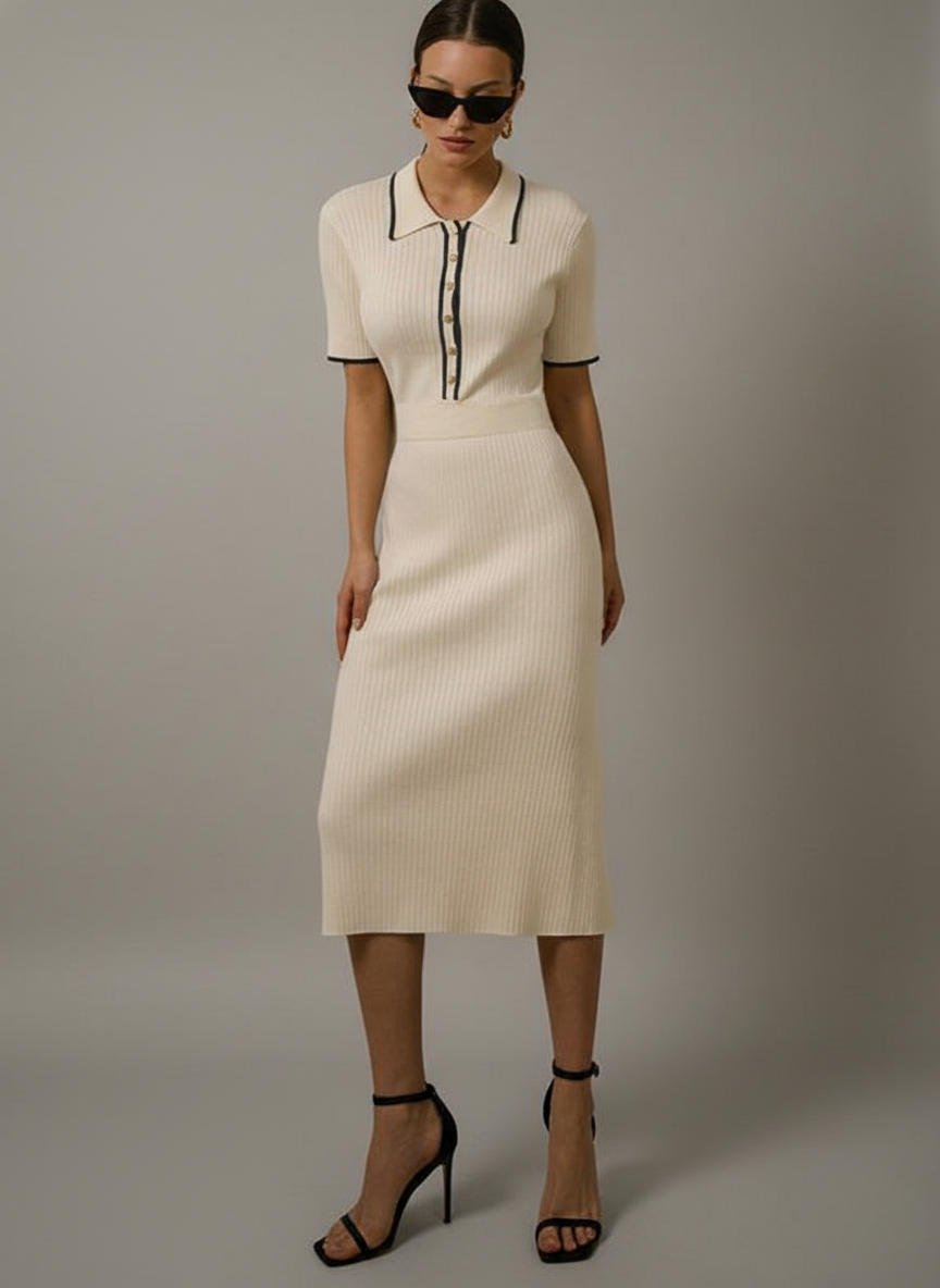 Women's Knit Polo Dress – Short Sleeve Ribbed Midi Dress
