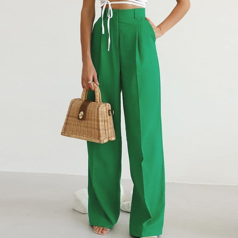 Women's Wide Leg Trousers in green – Pleated High Waist with Tie Belt