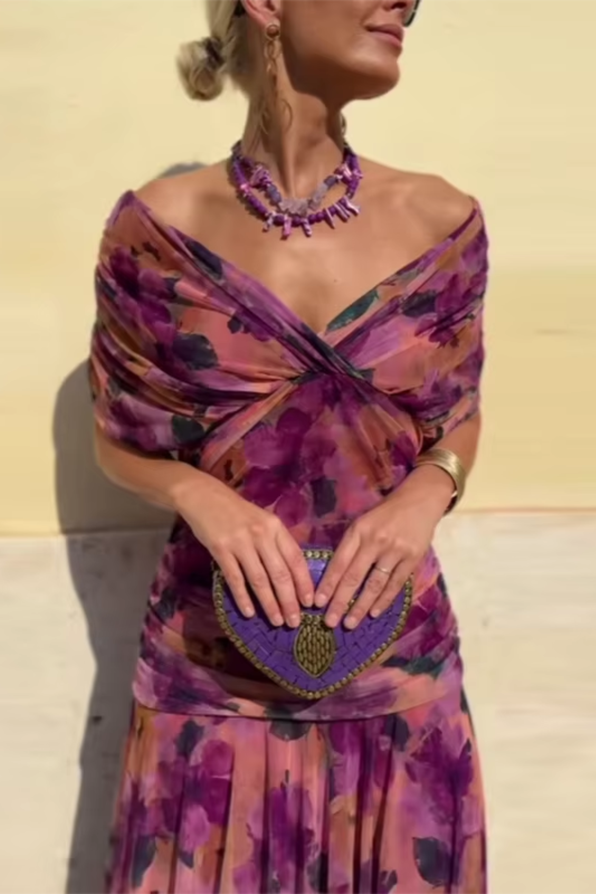 Women's V-Neck Chiffon Maxi Dress with Defined Waist