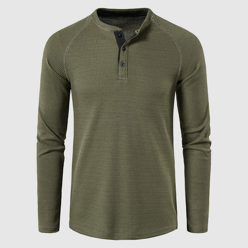 Men's light blue waffle knit henley with ribbed cuffs