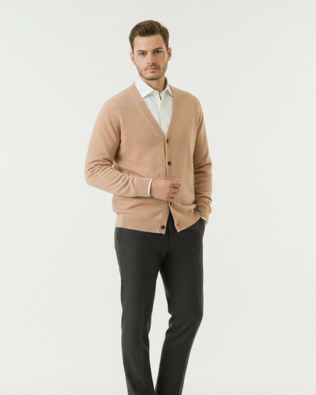 Men's Fine Knit Cardigan – V Neck Wool Blend Button Front