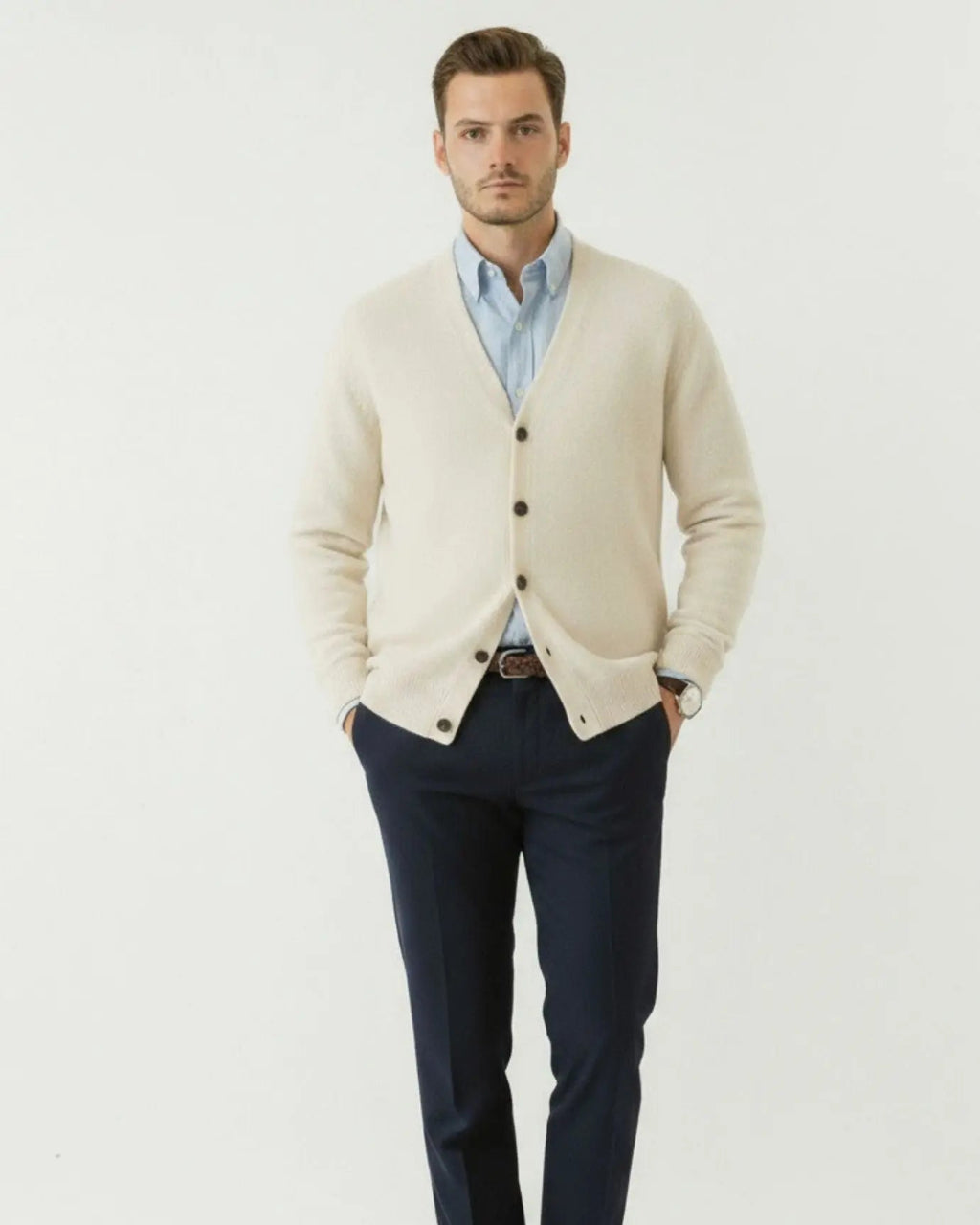 Men's Fine Knit Cardigan – V Neck Wool Blend Button Front