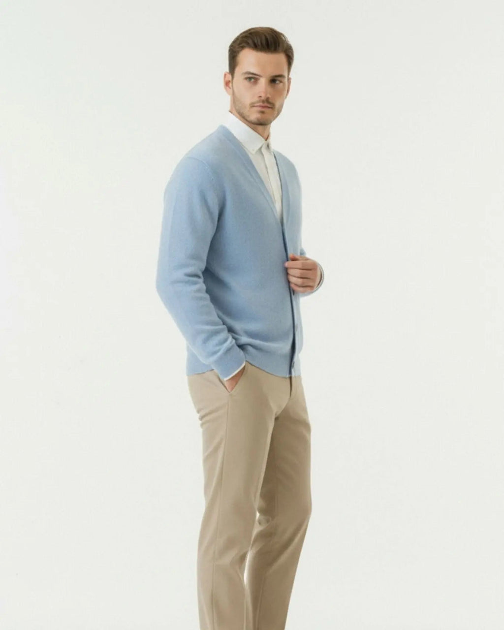 Men's Fine Knit Cardigan – V Neck Wool Blend Button Front