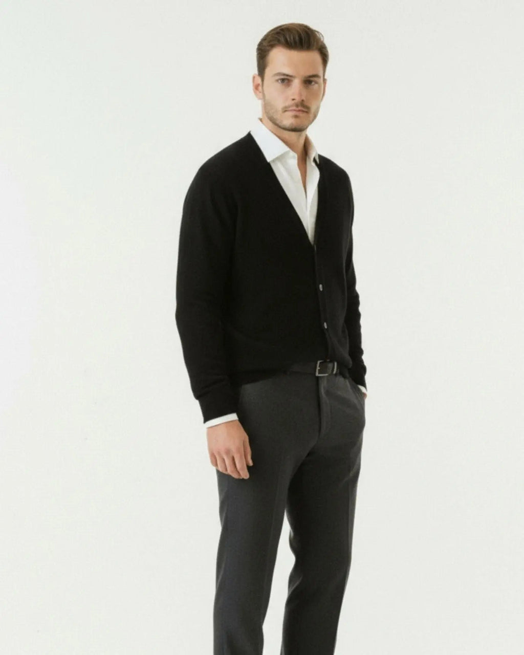 Men's Fine Knit Cardigan – V Neck Wool Blend Button Front