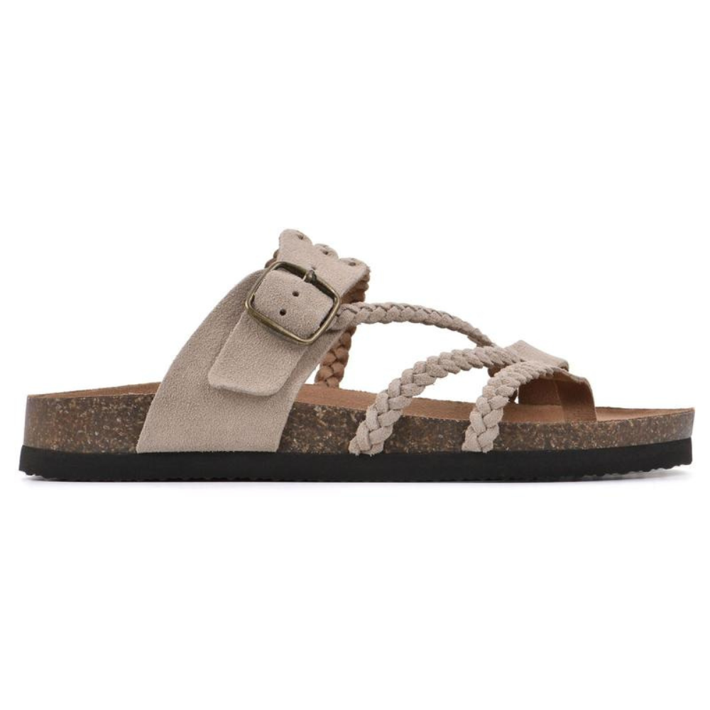 Braided strap sandals with cork footbed, angled product view