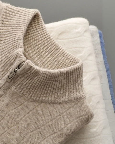 Men's Cable Knit Zip Jumper – Merino Blend Ribbed Collar