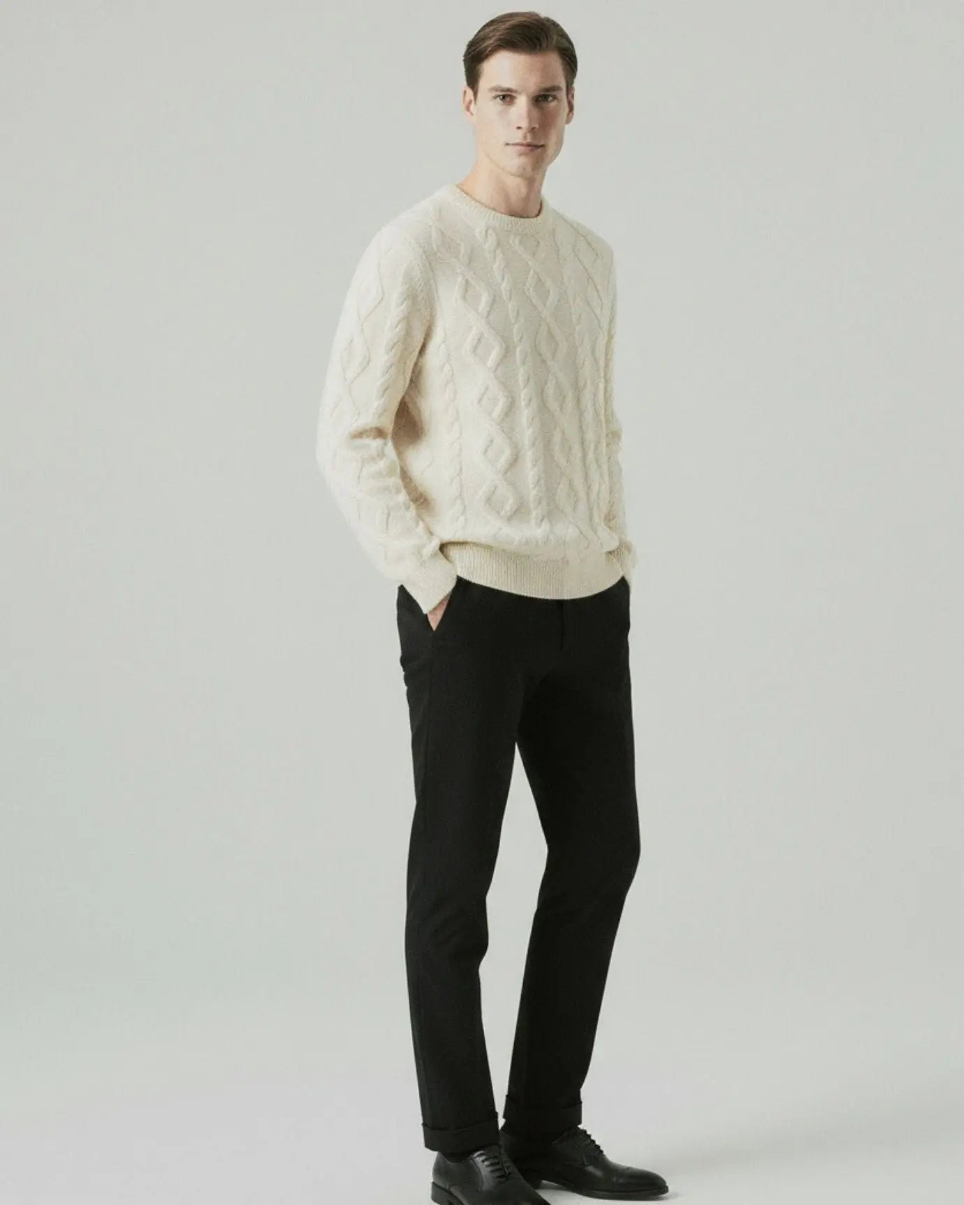 Men's Cable Knit Jumper – Cashmere and Wool Blend Crew Neck