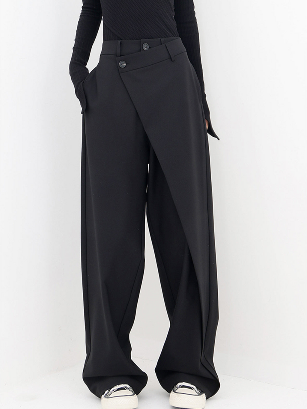 Women's Wide Leg Trousers in black – Asymmetric Wrap Front Tailored Trousers
