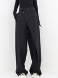 Women's Wide Leg Trousers in black – Asymmetric Wrap Front Tailored Trousers