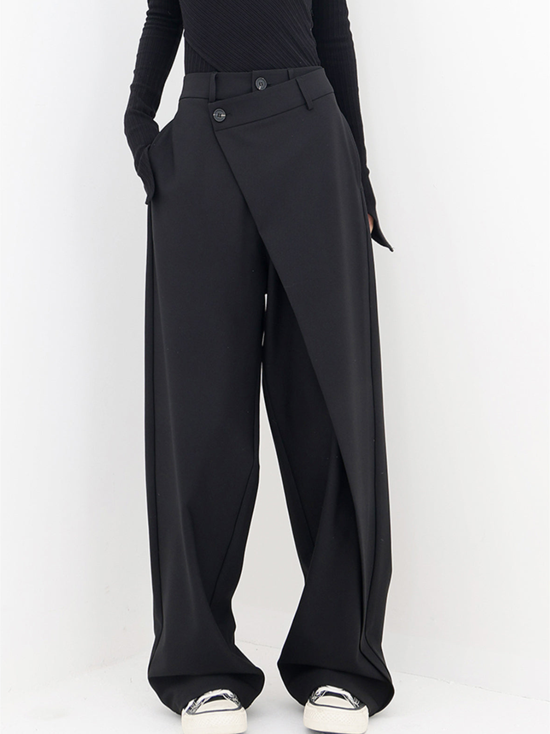 Women's Wide Leg Trousers in black – Asymmetric Wrap Front Tailored Trousers