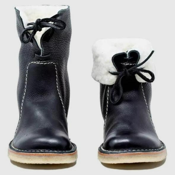 Detail of the treaded sole on shearling lined winter boots