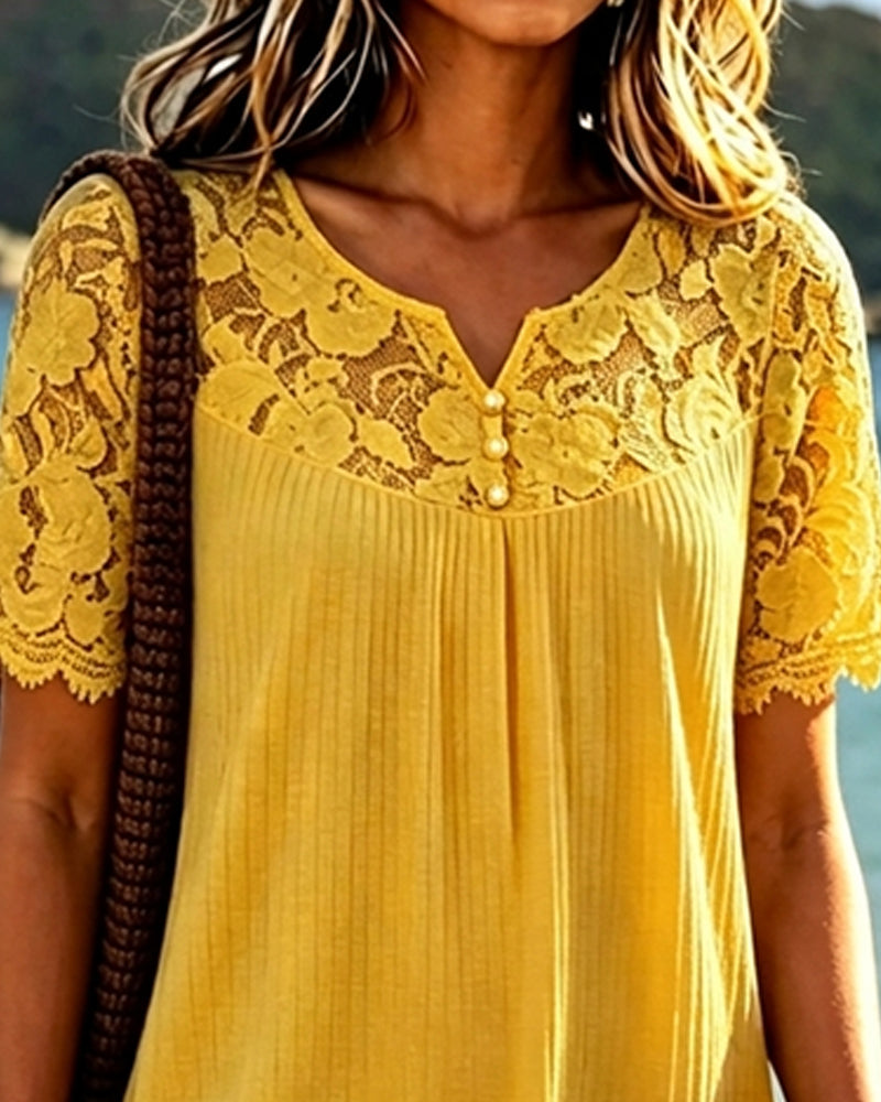 Yellow cotton blend midi dress with scalloped lace hem detail