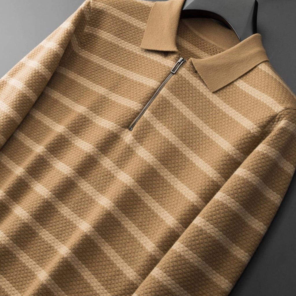 Men's Striped Quarter Zip Polo – Long Sleeve Textured Knit Jumper