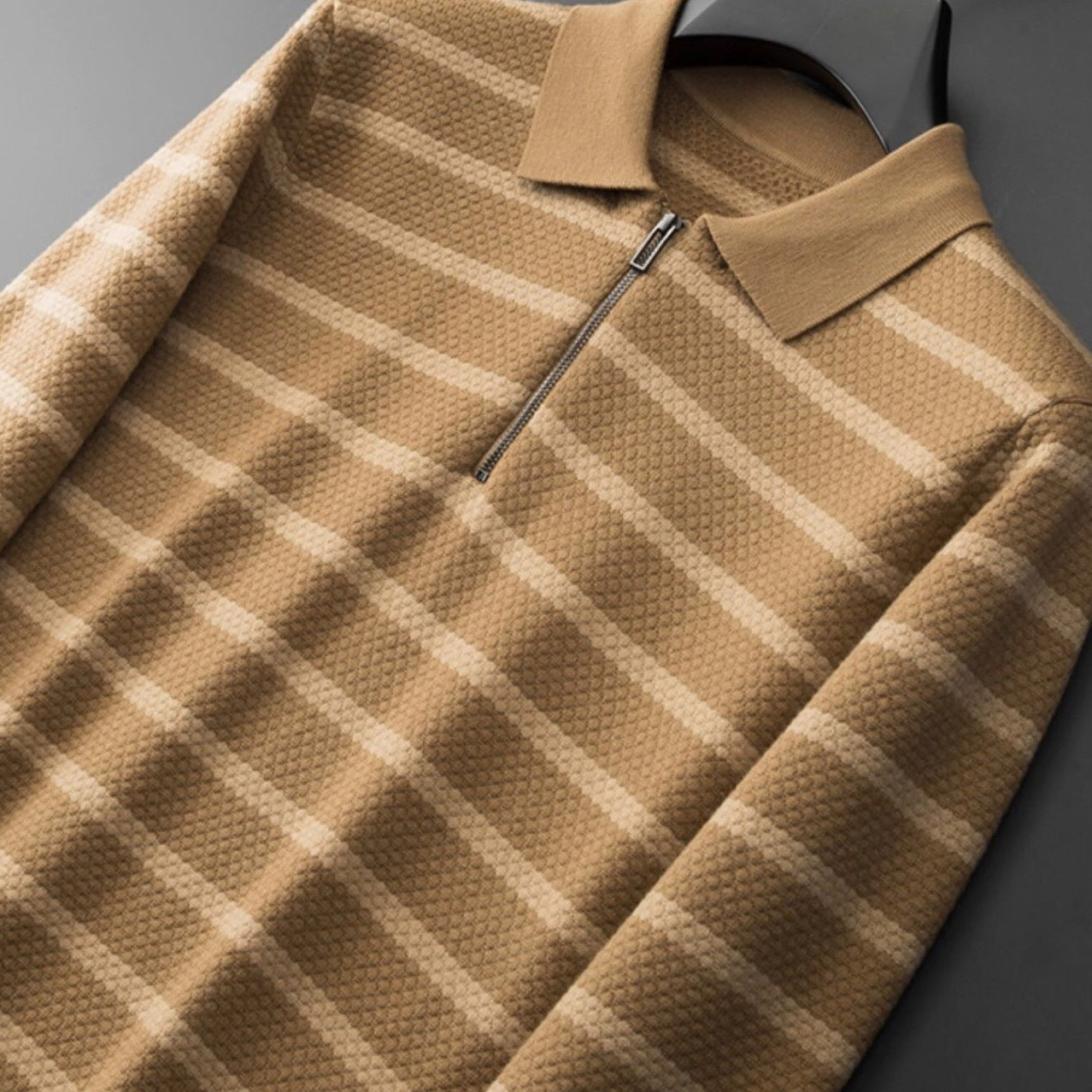 Men's Striped Quarter Zip Polo – Long Sleeve Textured Knit Jumper
