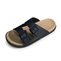 Black double buckle slides with a woven footbed, pair product view