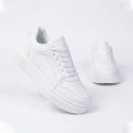 White lace up trainers with a cupsole, pair product view