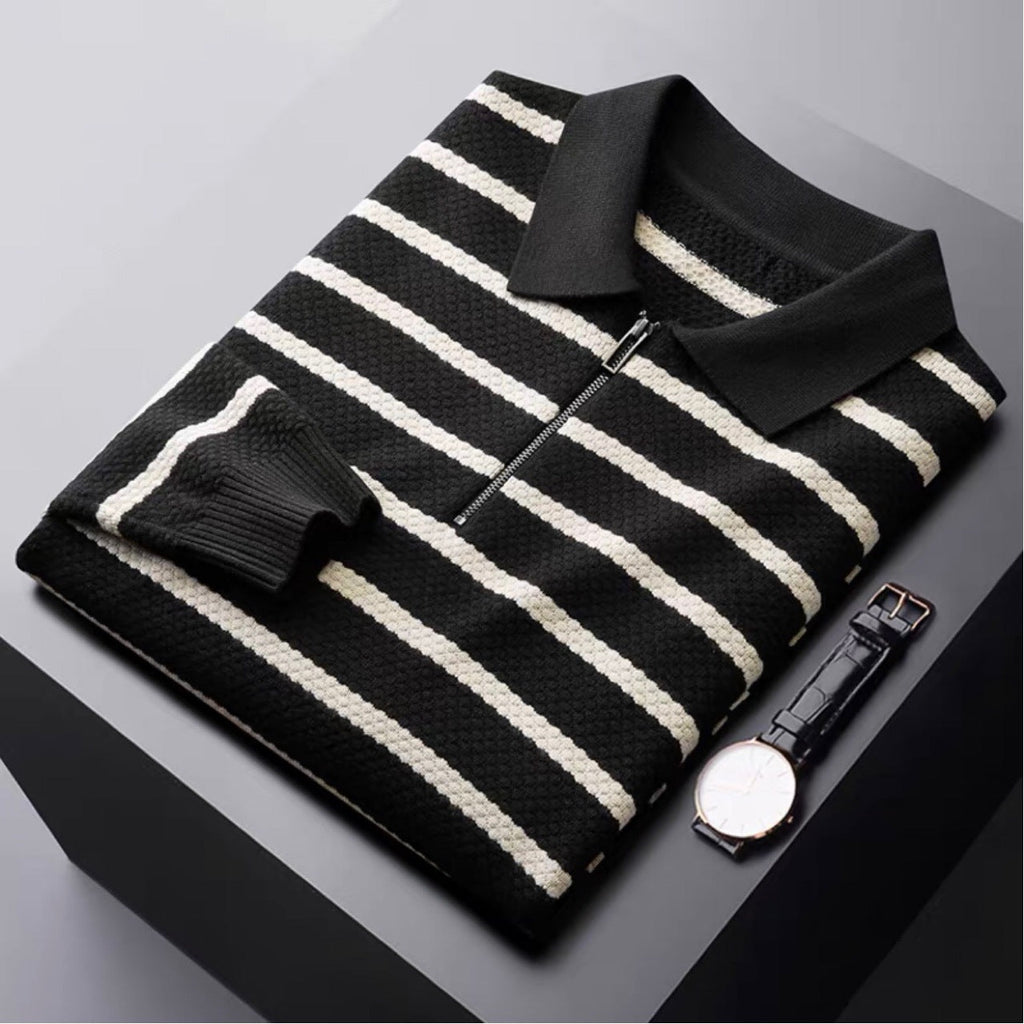 Men's Striped Quarter Zip Polo – Long Sleeve Textured Knit Jumper