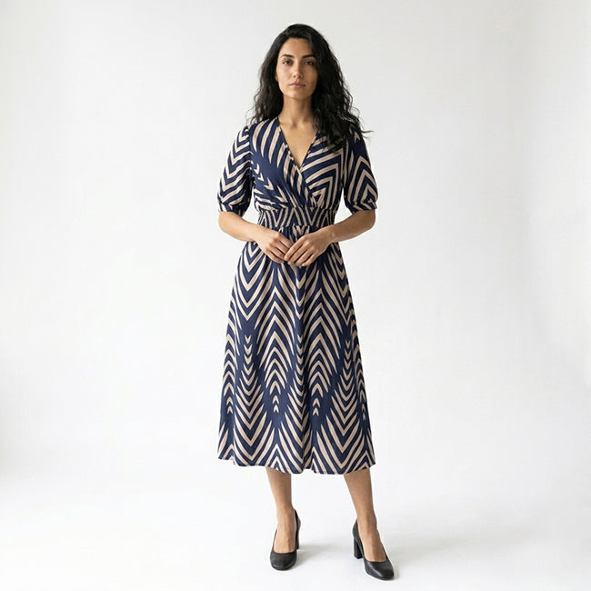 Women’s Striped Puff Sleeve Midi Dress