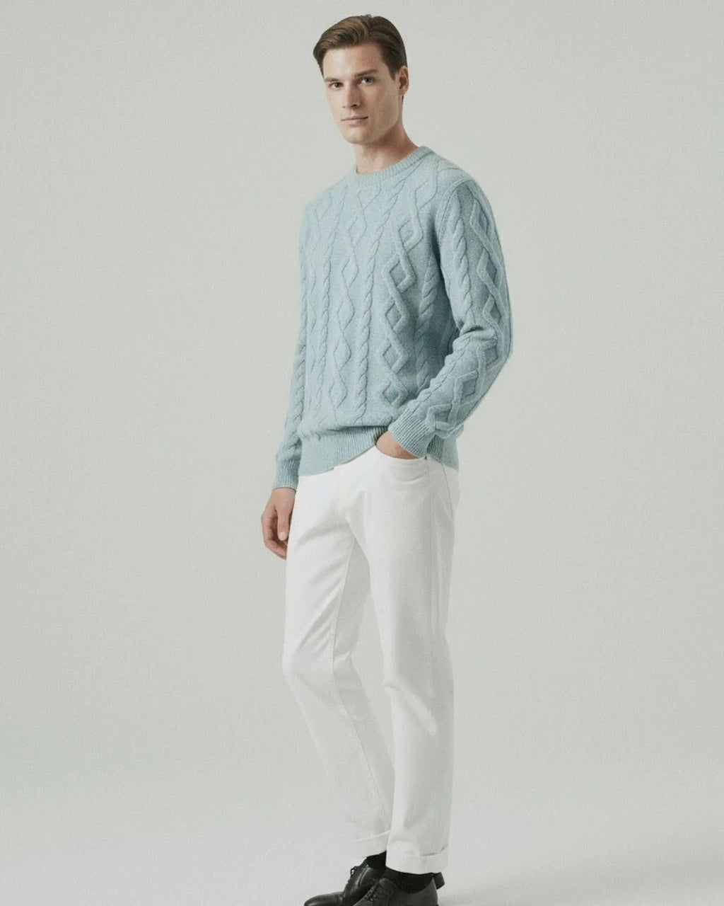Men's Cable Knit Jumper – Cashmere and Wool Blend Crew Neck