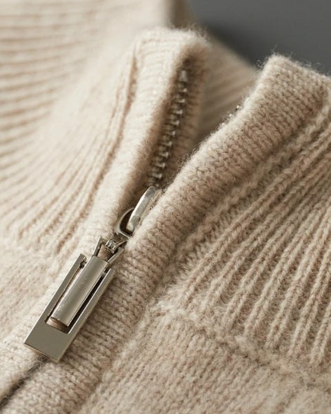 Men's Cable Knit Zip Jumper – Merino Blend Ribbed Collar