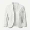 White open front cropped blazer with rounded hem and three quarter sleeves
