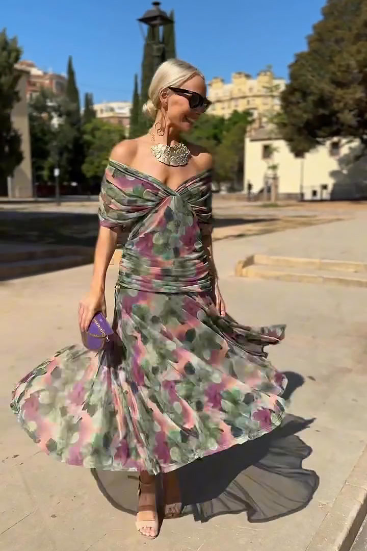 V-neck chiffon maxi dress with defined waist, front view