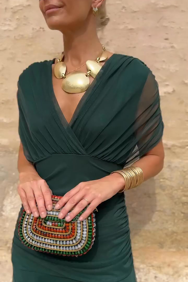 V-neck chiffon maxi dress showing draped sleeve detail