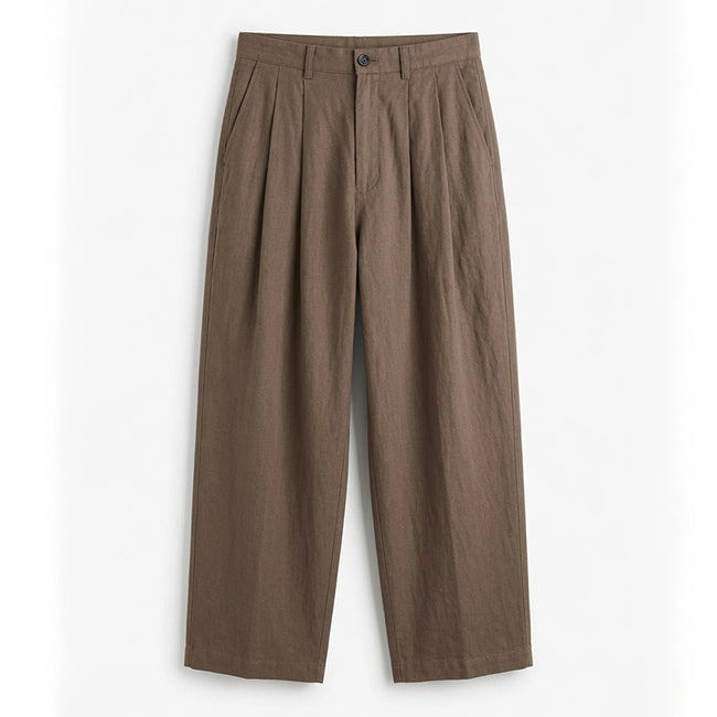 Brown linen blend pleated wide leg trousers, flat product view