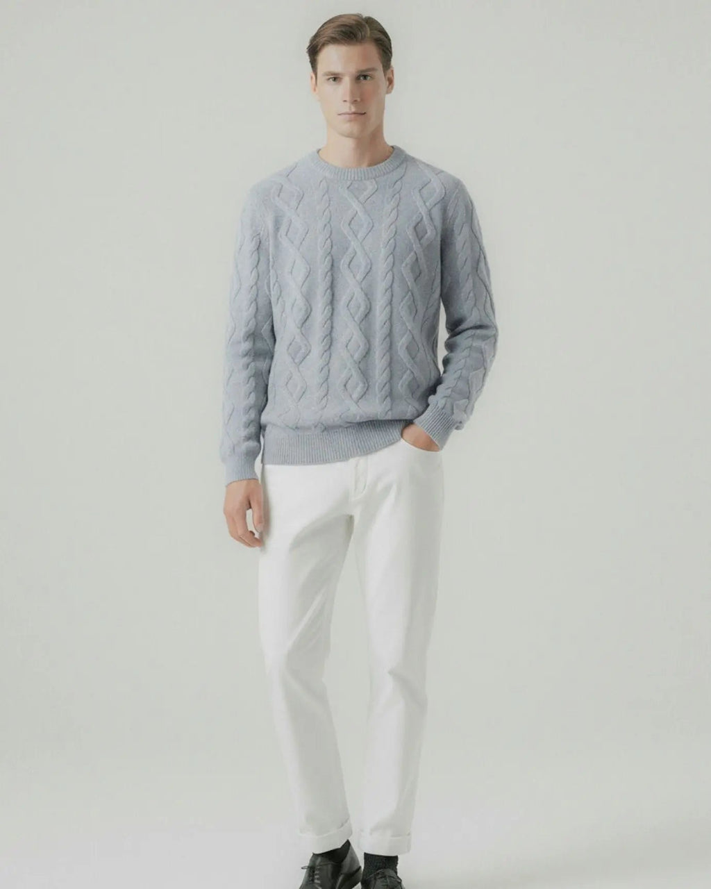 Men's Cable Knit Jumper – Cashmere and Wool Blend Crew Neck