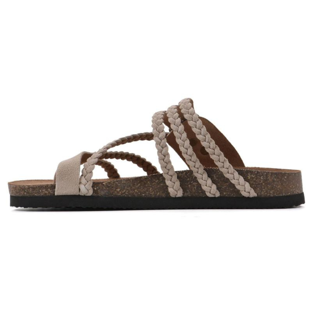 Cork footbed sandals showing contoured insole, top down view
