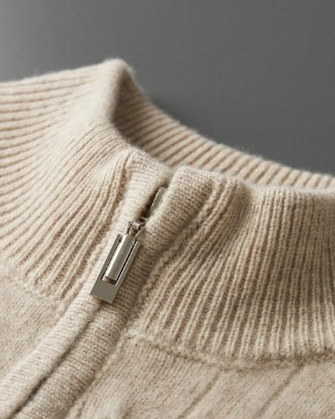 Men's Cable Knit Zip Jumper – Merino Blend Ribbed Collar