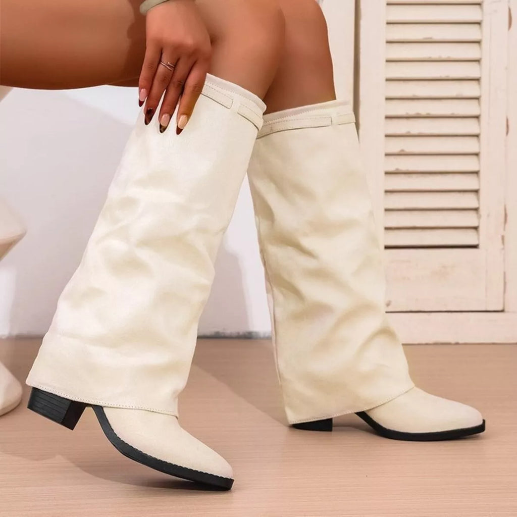 Women's Fold Over Knee High Boots – Block Heel Suede Look Boots