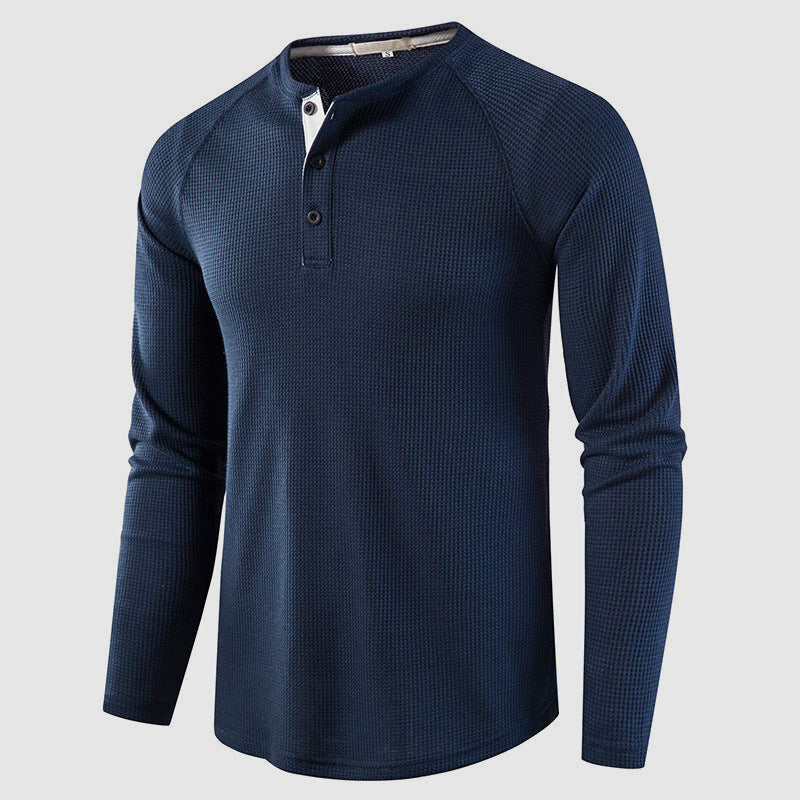 Men's navy waffle knit henley with three button placket and raglan sleeves