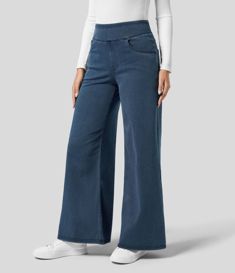Women's Wide Leg Jeans in dark blue – High Waist Pull On Denim
