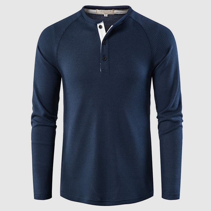 Men's black waffle knit henley shown from the front