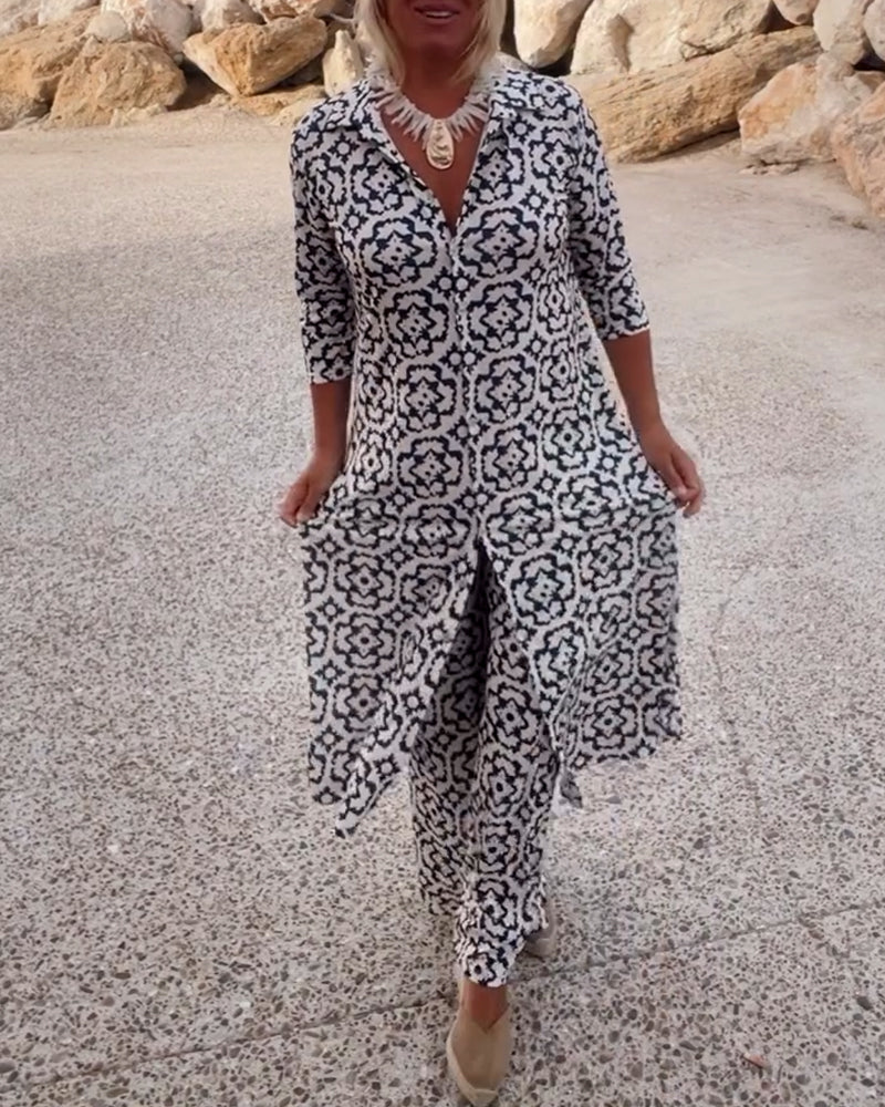 Women's Co-ord Set in white – Printed Longline Shirt and Wide Leg Trousers