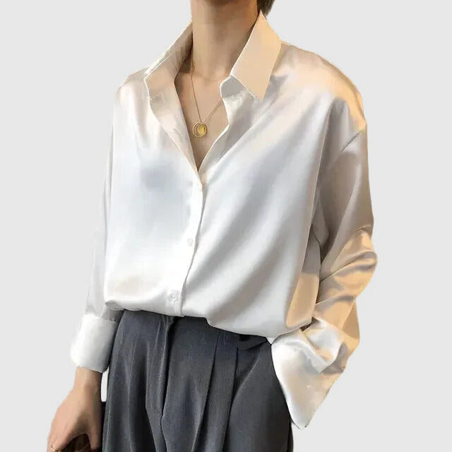 Women's Satin Blouse in white – Long Sleeve Button Up Shirt