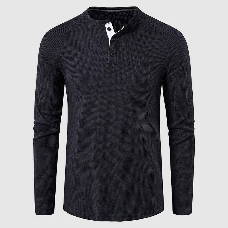 Men's waffle knit henley shown from the back with raglan seams