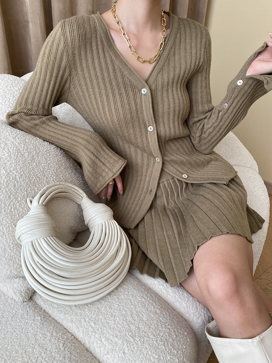 Women's Knitted Co-ord Set in light brown, view 2