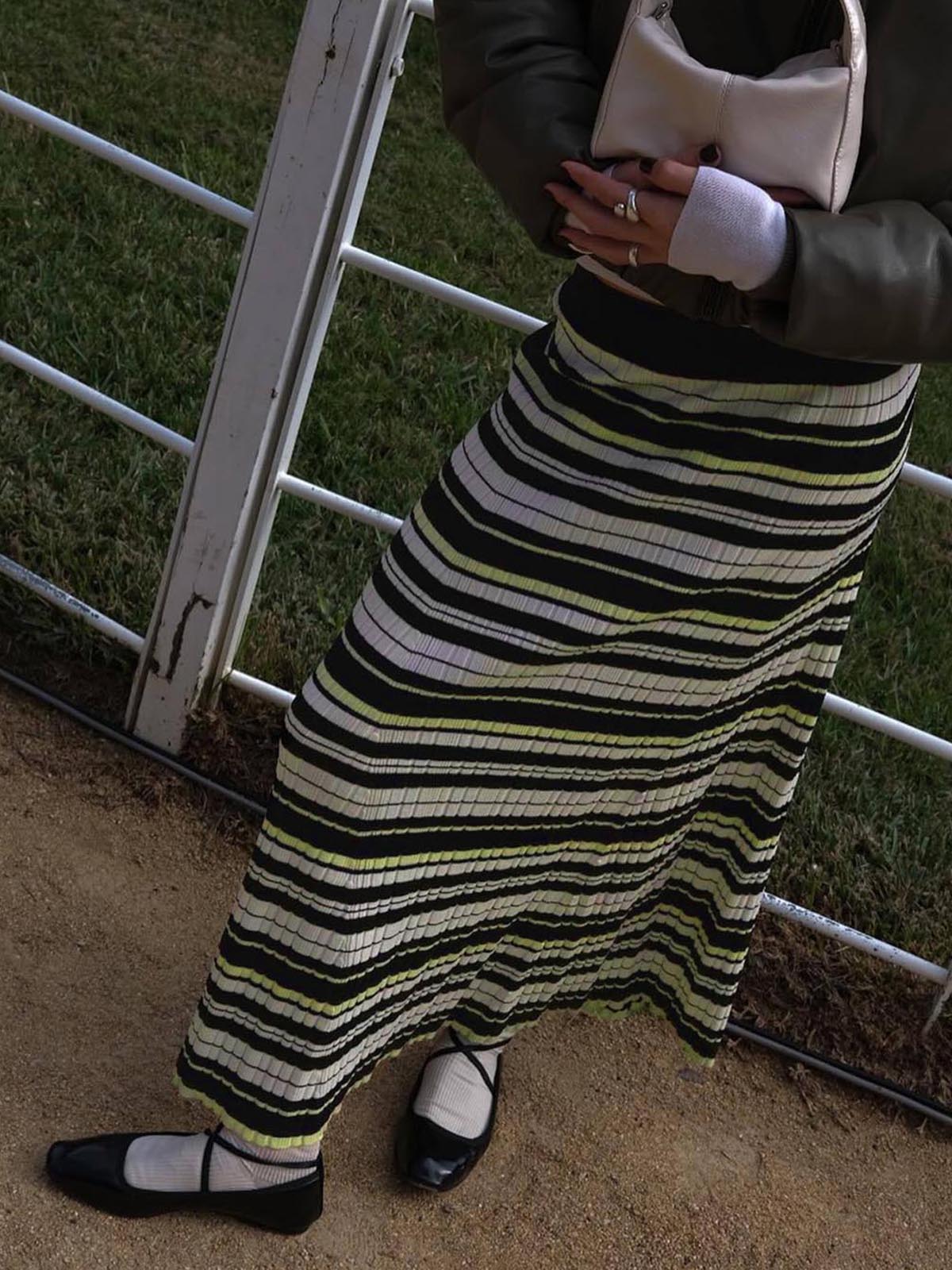 Women's Striped Knit Midi Skirt – Ribbed Pull On Skirt
